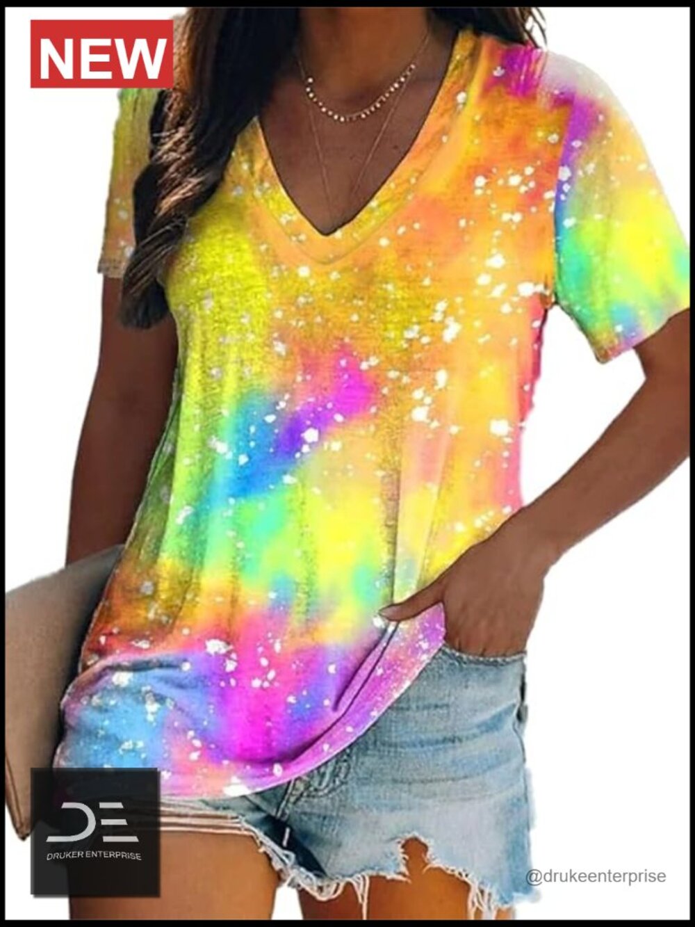 Tie Dye V-Neck Tunic Tops Summer Casual Swing Blouse Soft Tee